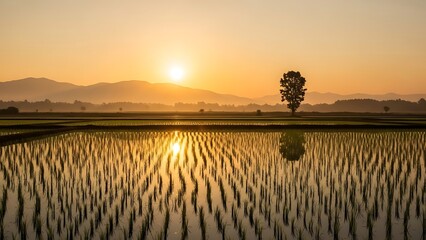 Golden Hour Sunrise over Tranquil Rice Paddy Field with Tree Reflection.