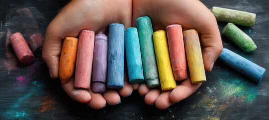 Hands Holding Colorful Chalks on Blackboard, Creative Education Theme
