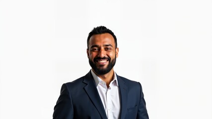 Freestyle. Mature businessman standing isolated on white smiling cheerful close-up. Arabic style. Muslim businessman.