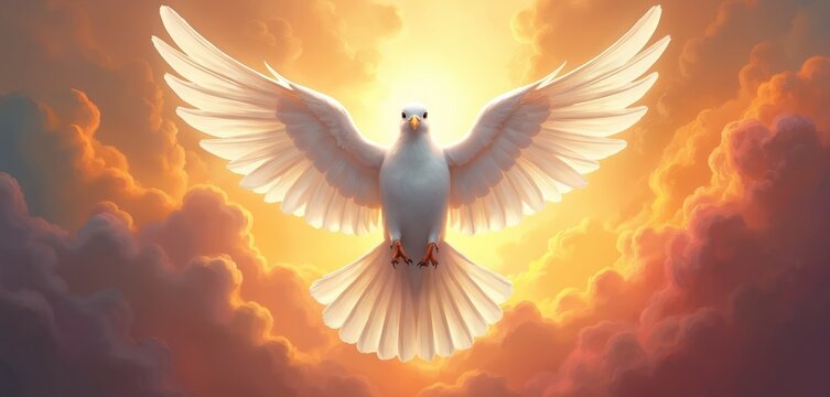 White dove with spread wings flies in bright sunny sky with clouds. Symbol of peace hope and freedom. Peaceful serene beautiful bird in flight.