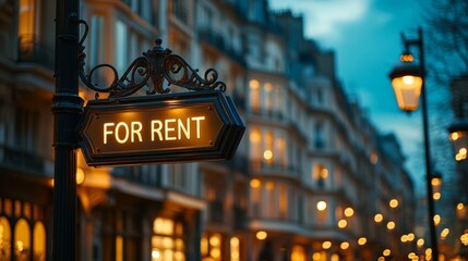A glowing urban “For Rent” sign on city street in the evening illuminated with lanterns and building lights, housing, real estate, property rental, urban lifestyle, apartments, and modern living.