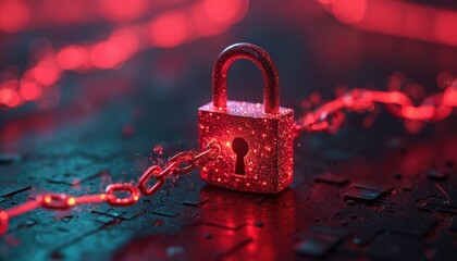 Red padlock with keyhole on circuit board background. Glowing red chain attached to lock. Secure data concept with neon light. Cyber security, protection. Locked device with encrypted data. Private