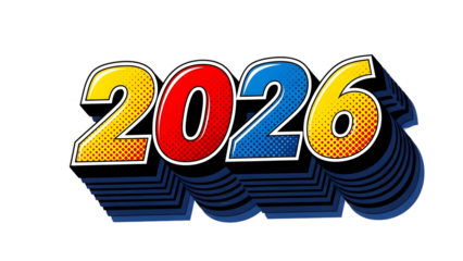 Colorful and dynamic illustration of the year 2026 with a retro wave design