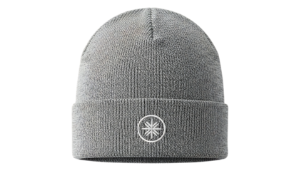 Light grey knit beanie, with white circular snowflike emblem, cutout, PNG isolated on white or transparent background