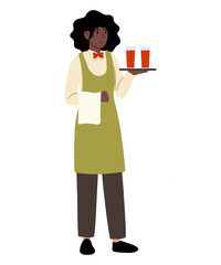 Woman wearing green apron and white shirt, red bow tie with brown hair. Woman smiling and holding tray with two glasses of juice.