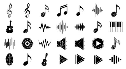 Music Icon Set - Treble Clef, Notes, Sound Waves, Guitar, Piano, Play, Speaker