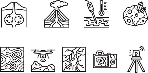 Obraz premium Geology and seismology line icons set, earth layers, volcano, geothermics, meteorite, drone