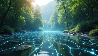 Forest river with digital grid overlay. Rich green trees line rocky riverbank. Blue glowing lines form network on water surface. Sunlight filters through trees. Mountain range in background. Natural