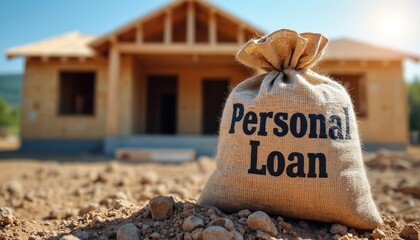Money bag labeled Personal Loan sits on dirt at new house construction site. Financing for building home, renovation project. Real estate investment concept.