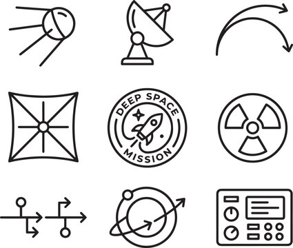 Deep space mission and astronomy outline icons set vector illustration