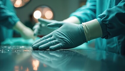 Close-up of gloved hands performing surgical procedure in operating room. Sterile environment, medical equipment are visible, emphasizing hygiene, patient care. Image highlights precision, expertise.