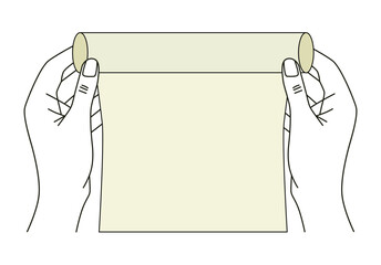 Hands holding paper scroll on white background