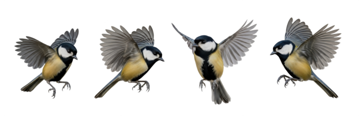 Set Of Great tit (parus major)  in various Poses isolated on transparent background, PNG 