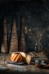 Freshly baked Christmas cake on a rustic table