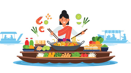 Thai street vendor preparing pad thai at floating market. Flat modern illustration for Asian cuisine, travel culture, and food marketplace concepts © meeblues