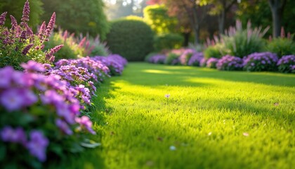 Obraz premium Lush green lawn borders purple blooming flowers in a sunlit garden. Soft light shines on vibrant plants and neat landscaping. Peaceful scene with natural beauty and floral design.