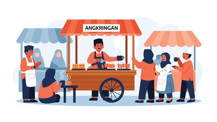 Indonesian angkringan scene with vendor serving skewers and tea. Flat vector illustration for night street food culture and traditional culinary life