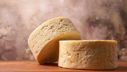 Semi-cured cheese, a wonderful semi-cured cheese from Minas Gerais on a rustic surface, selective focus.