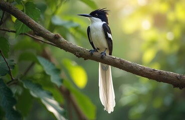 Fototapeta premium White Indian Paradise Flycatcher bird perches on tree branch. Asian male bird long tail feathers, black crest. White, black plumage stands out against green jungle foliage, soft sunlight background.