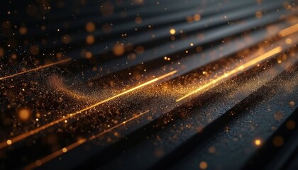 Golden light streaks cross dark background with sparkling dust particles. Abstract motion, contrast, luxury, modern design creates bright, ethereal effect with bokeh.