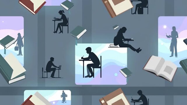 Animated Educational Concept with Students and Flying Books.