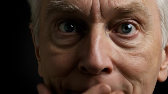 A close-up of a man's face, eyes wide with shock, as he covers his mouth with his hand