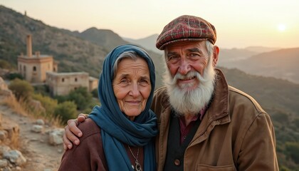 Elderly couple smiles warmly in a rural landscape at sunset. They stand close, showing a strong connection and shared life history. Their faces show wisdom and contentment.