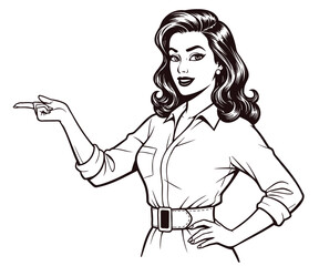 Retro woman pointing finger vintage pop art fashion lady indicating direction showing