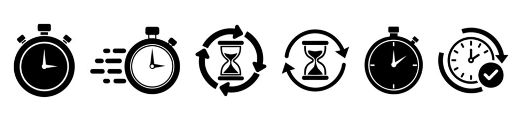 Set of black and white time icons isolated on transparent background for your design