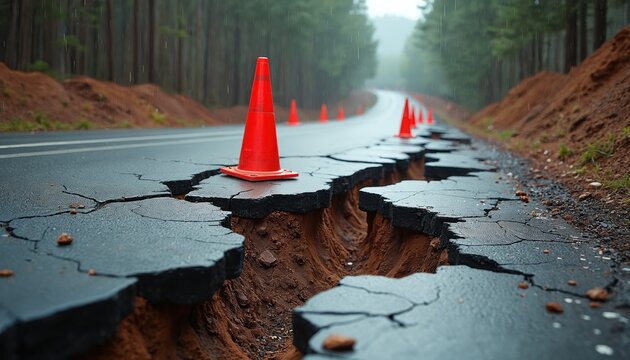 Cracked asphalt road collapses due to heavy rain. Orange safety cones warn of dangerous landslide and broken ground. Roadway damage causes transport disruption in forest.