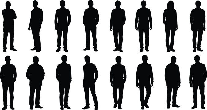 Diverse group of standing people silhouettes for architectural scale and design elements.