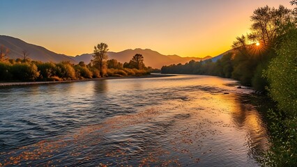 Golden Hour River Landscape Serene Sunset Over Mountains and Flowing Water.