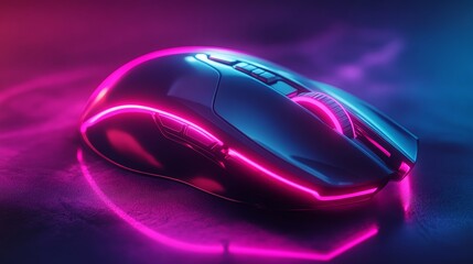 Futuristic gaming mouse illuminated with neon pink and blue lights, placed on dark glowing surface, representing cyber style, digital technology, modern e-sports equipment, and immersive gaming.