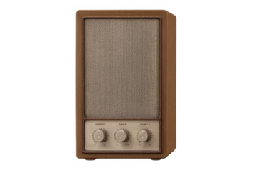 Vintage radio speaker with wooden frame and fabric grille, illustrating classic audio technology and sound