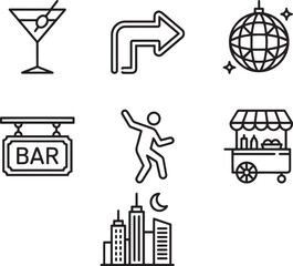 Party and nightlife outline icons set cocktail disco ball dancer food cart vector