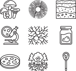 Set of eight mycology and soil science line icons with mushrooms and microscope