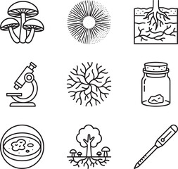 Set of fungi and microbiology black line vector icons on transparent background
