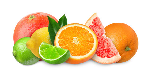 Citrus fruits isolated on white. Fresh oranges, lemon, limes and grapefruits