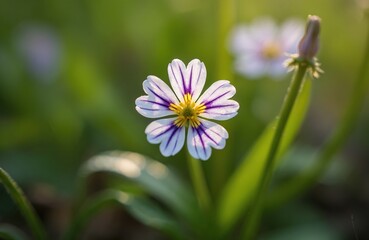 Fototapeta premium Small white flower with vivid purple stripes, yellow center blooms in sunlit meadow at dawn. Delicate blossom grows among vibrant green plants under warm morning light. Wild flora thrives in natural
