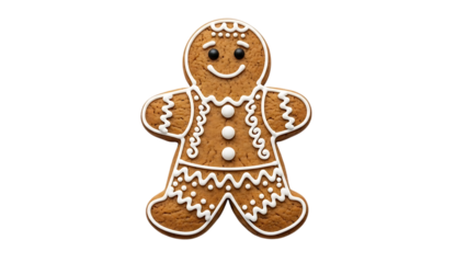 Gingerbread cookie, with decorated white icing and three buttons in a humanoid shape, cutout, PNG isolated on white or transparent background