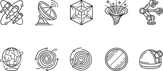 Set of space exploration and astronomy related line icons for scientific research concept