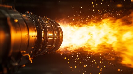 A powerful jet engine in close-up releases a burst of blazing fire with sparks, technology, speed, aerospace engineering, innovation, strength, unstoppable force of modern industrial power worldwide.
