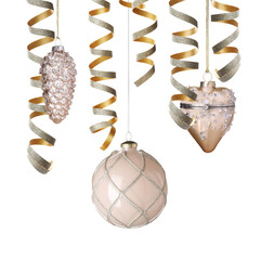 Christmas ornaments in different shapes and serpentine streamers hanging on white background