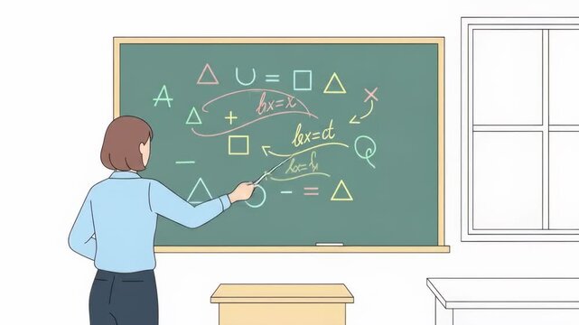 Animated Female Teacher Explaining a Complex Formula on a Classroom Chalkboard.