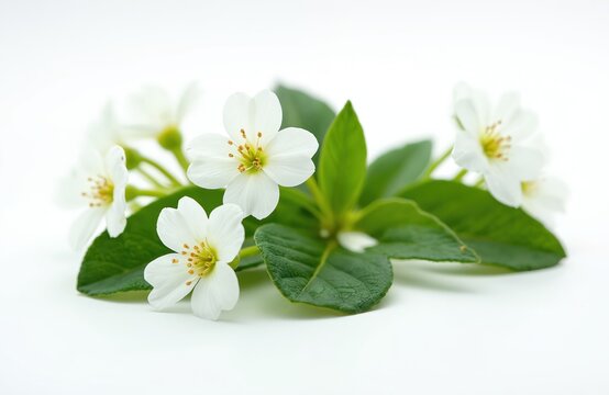 Small white flowers with green leaves isolated on white background. Nature plant, fresh bloom, delicate petals, healthy organic flora. Botanical detail.