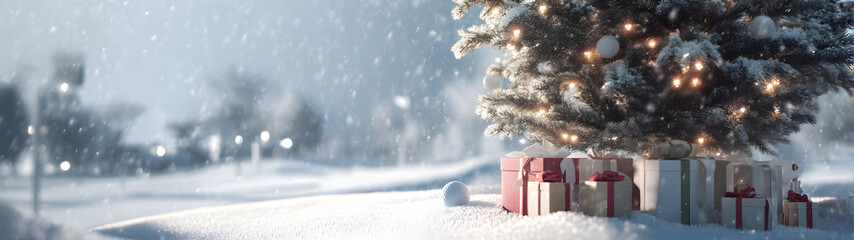 Obraz premium Christmas tree closeup with gifts on snowy golf course with golf ball lying in the snow and golf flag in the background. Concept of resting golf sport during Christmas time.