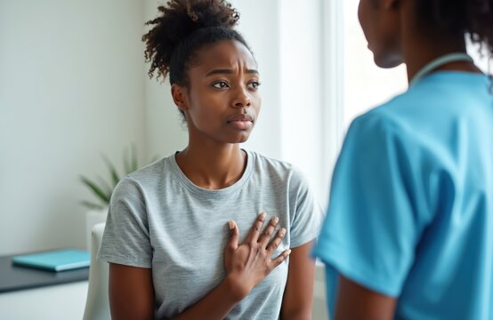 Worried young Black woman with hand on chest tells doctor about pain. Patient visit clinic for medical consultation, seeking diagnosis for chest discomfort, symptoms. Doctor in blue uniform listens