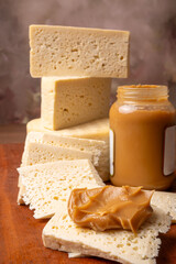 Cheese and dulce de leche, a wonderful dulce de leche from Minas Gerais together with a delicious cheese, selective focus.
