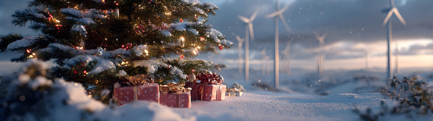 Christmas tree branches with gifts on snowy wind farm, turbines in background, concept of Christmas celebration in the industrial setting and environment.