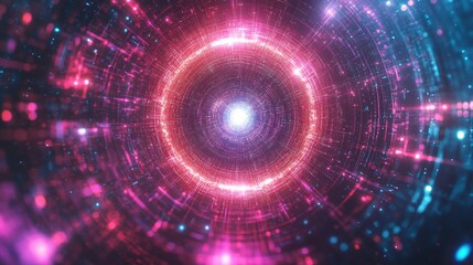 Futuristic glowing digital portal with neon circular lights, cyberspace entry, technology gateway, data transfer, virtual reality, science fiction, energy flow and innovative digital background.